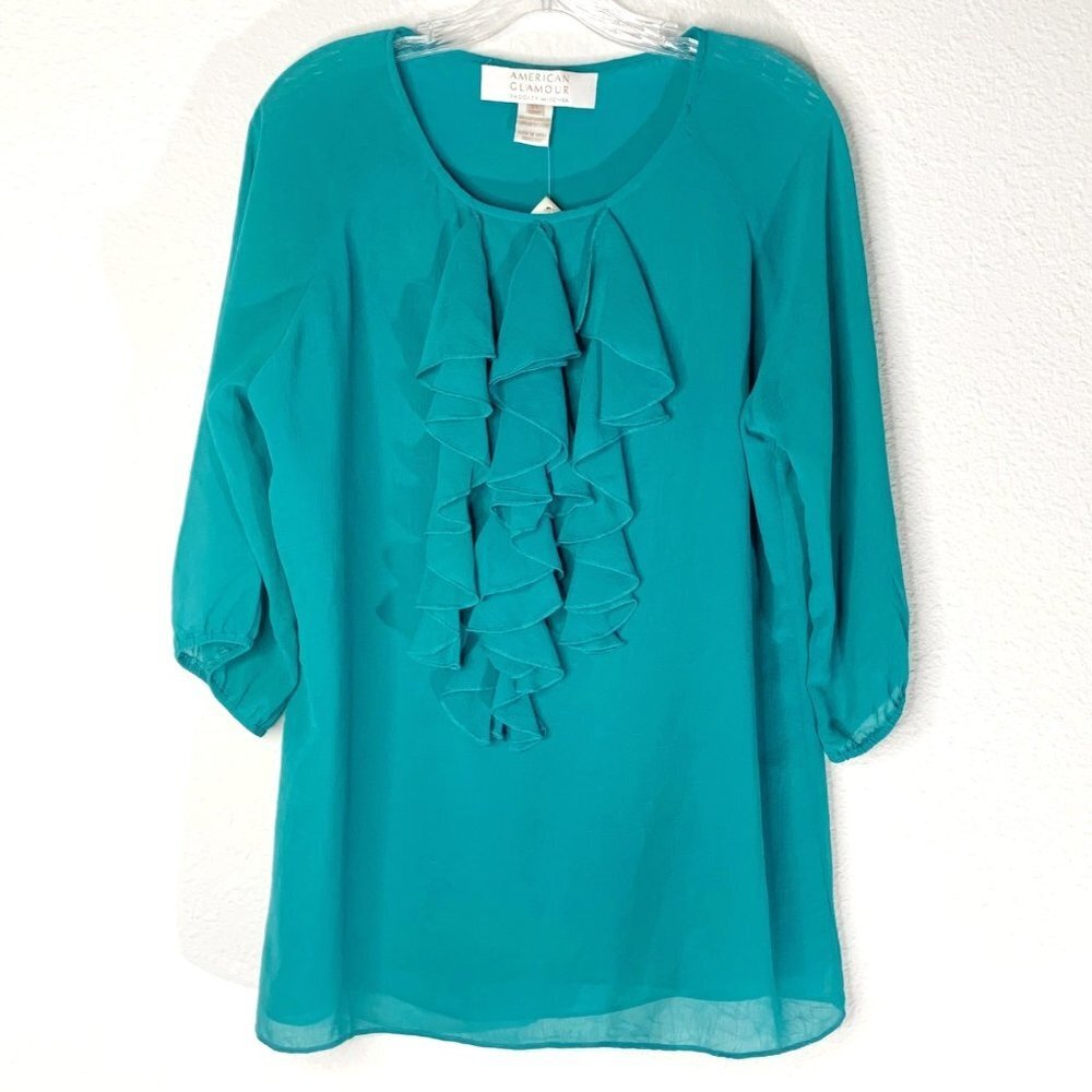 American Glamour HSN Ruffle Front 3/4 Sleeve Teal Blouse Women’s Size XL New